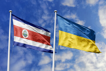 Flags of Costa Rica and Ukraine Waving Together Under a Bright Blue Sky, Symbolizing Diplomatic Ties and International Solidarity.