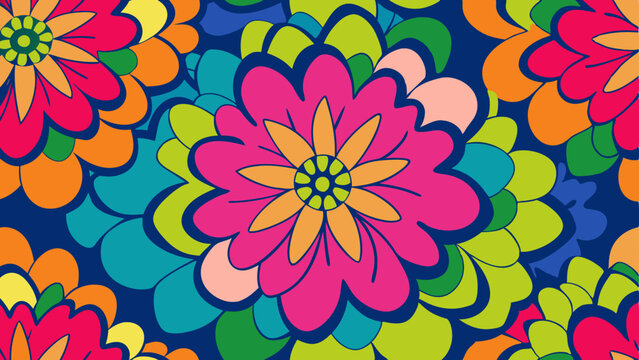 Groovy floral bloom pattern background for retro designs, suitable for vibrant fabric prints and wallpaper, perfect for adding a colorful touch.