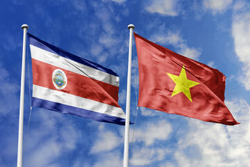 Flags of Costa Rica and Vietnam Waving Together Against a Dynamic Blue Sky, Symbolizing Diplomatic Ties and Southeast Asian Connections.