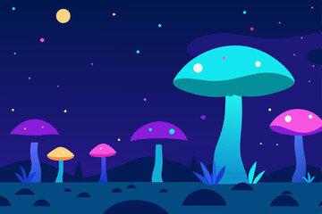 Enchanted Night Glowing Mushrooms in a Fantasy Forest