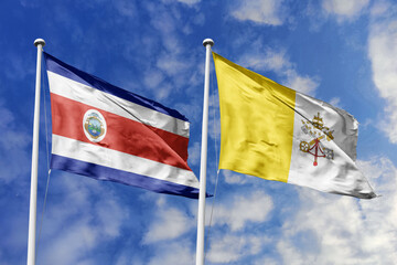 Flags of Costa Rica and Vatican City Waving Together Against a Clear Blue Sky, Symbolizing Diplomatic Ties with the Holy See.