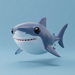 Obraz premium A charming cartoon bull shark smiles against a soft blue background in a cute 3D render style.