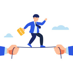Balancing Business Risks with Professional Precision While Walking Tightrope Holding Briefcase in a Corporate Setting Focused on Strategy and Leadership