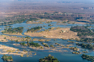 aerial view of Zambezi River near Victoria Falls National Park in Zambia