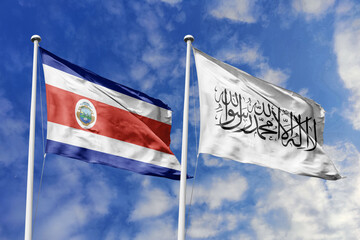 Flags of Costa Rica and the Taliban (Afghanistan) Waving Together Against a Cloudy Blue Sky, Representing Complex International Dynamics.