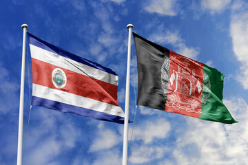 Flags of Costa Rica and Afghanistan Waving Together Under a Clear Blue Sky, Symbolizing Diplomatic Ties and Global Connections.