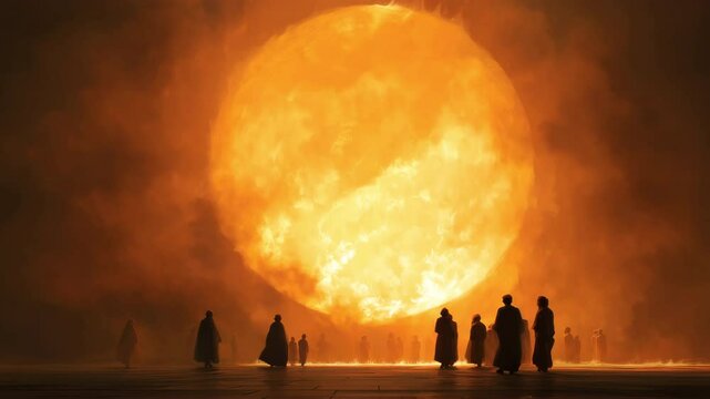 Photorealistic scene depicting a fiery sun scorching the earth, evoking a sense of dread and awe reminiscent of apocalyptic imagery from biblical texts