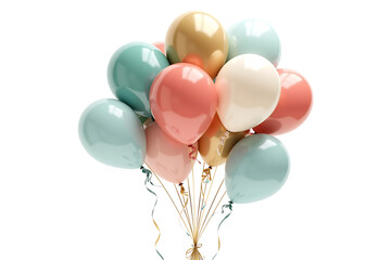 Pastel Helium Balloons Cluster Isolated on White Background – 3D Render PNG with Gold, Mint, Blush Pink Colors