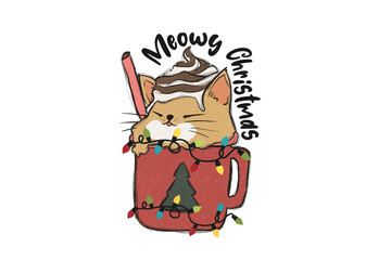 Meowy Christmas – Cute Cat with Lights in a Mug with Christmas lights, isolated on transparent background