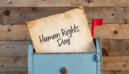 Human Rights Day message in blue mailbox with wooden background  