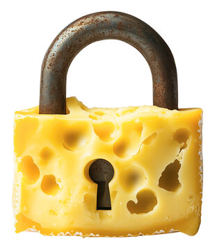 Naklejki Rusty padlock creatively replaced with piece of Swiss cheese, featuring keyhole and holes, symbolizing vulnerability., isolated