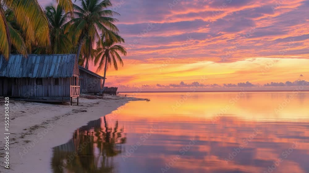 Aufkleber a serene beach scene at sunset with a cozy hut and swaying palm trees