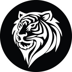 Tiger head vector logo in black circle background, featuring bold tribal line art, used in mascot design, tattoos, branding, and wildlife concepts.