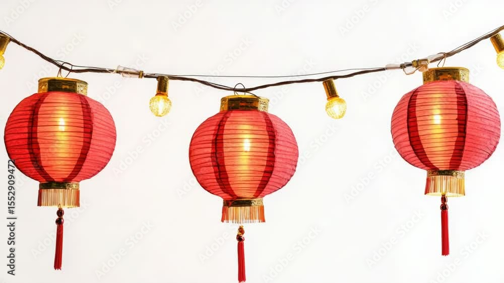Poster string of red lanterns hanging from a white wall, perfect for decorative purposes or as a symbol of 