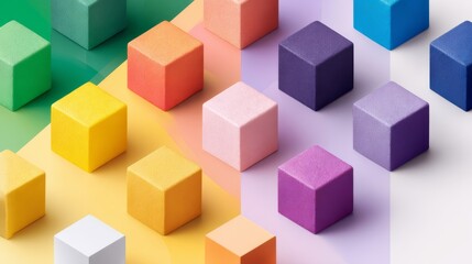 Naklejka premium Vibrant three-dimensional cubes in green, orange, yellow, pink, purple, and blue arranged on a multi-colored background with textured surfaces and orderly rows.