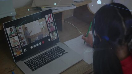 Opening laptop, schoolgirl joining virtual classroom, copying notes while digital overlay pulsing - Powered by Adobe
