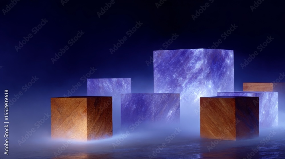 Poster a captivating scene features glowing cubes arranged within a misty environment. the interplay of lig
