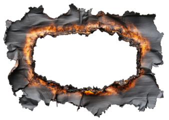 Burnt paper edges forming circular hole in center with charred border, creating dramatic effect., isolated