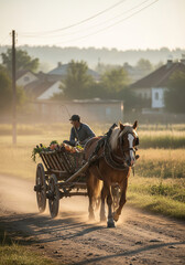 Obraz premium Horse-drawn cart in rural village for historical transportation concept