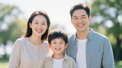 An Asian family portrait of smiling parents with their young son.