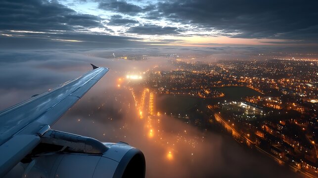 View from an airplane window of night cities with thousands of lights stretching to the horizon, with a part of the wing and engine in the foreground, symbolizing travel and global connectivity