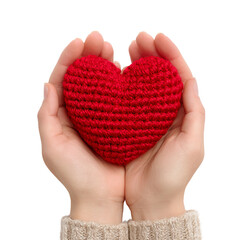 Fototapeta premium Two hands gently cradling a small, knitted red heart. The image evokes feelings of warmth, love, and care.