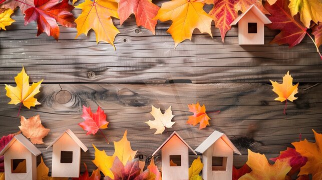 Maple Leaves and Wooden Houses in Autumn – a warm and nostalgic visual. The autumn scenery featuring vivid maple leaves and cozy wooden houses creates a peaceful and inviting seasonal atmosphere.
