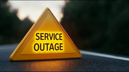 A yellow triangular warning sign with the words "Service Outage" sits on an empty road. - Powered by Adobe