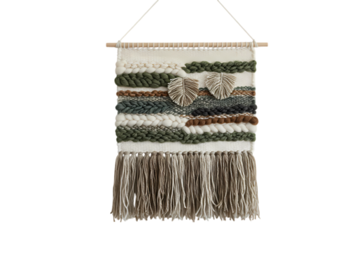 Handwoven Tapestry with Earthy Tones and Fringed Bottom isolated on transparent background