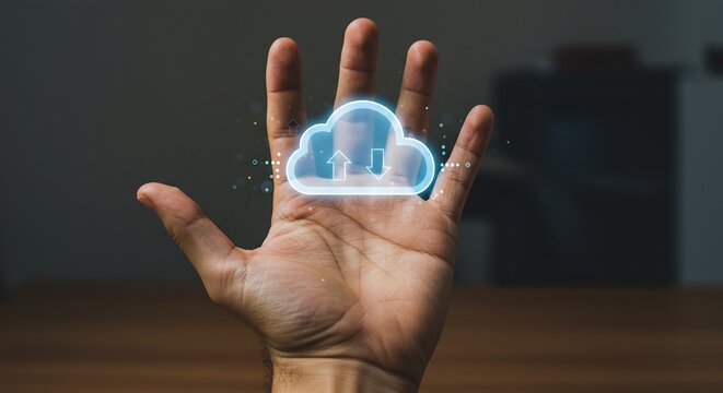 Cloud Computing Hand Concept: Secure Data Storage, Upload, and Download Technology