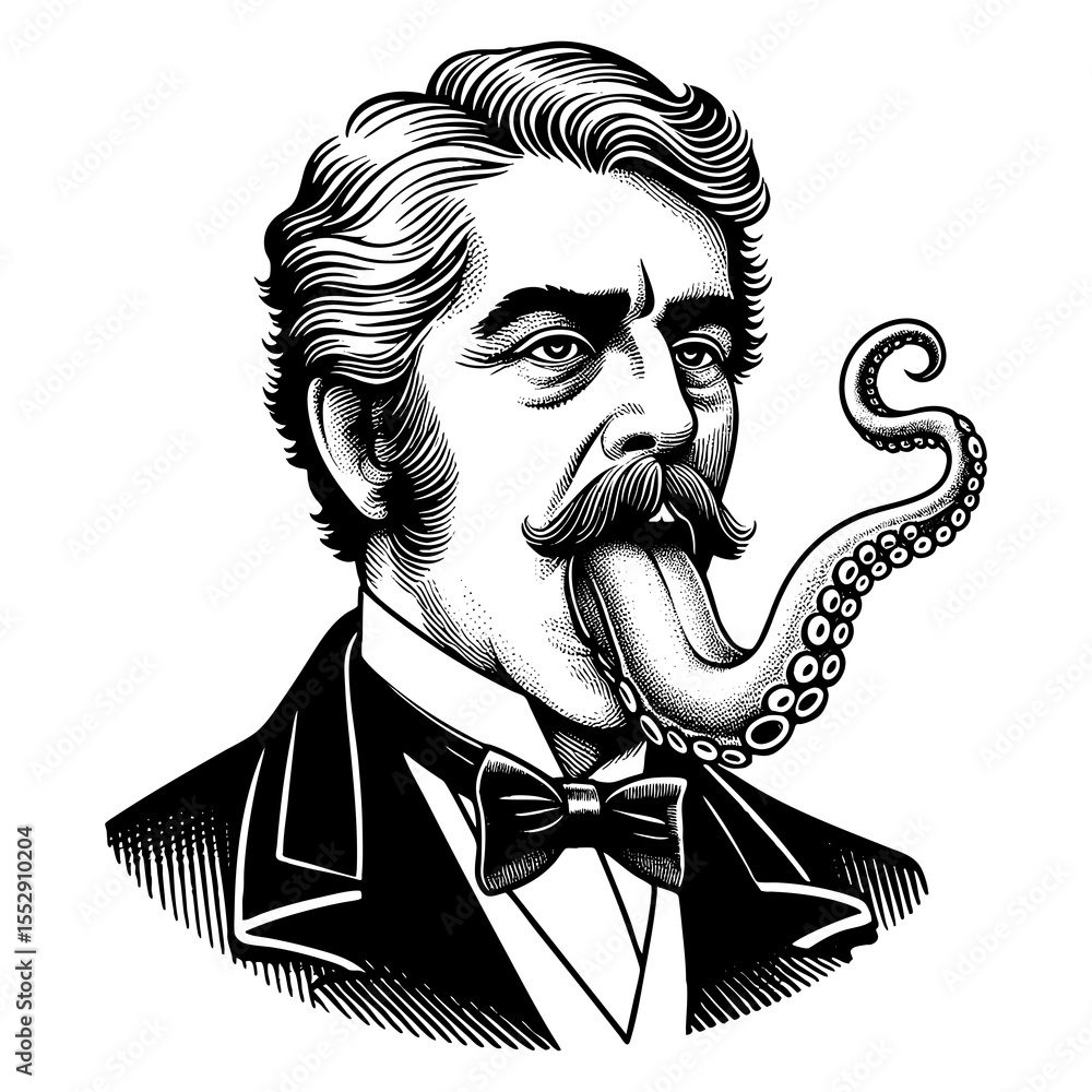 Poster man with a tentacle instead of a tongue, creating a surreal and bizarre effect sketch engraving gene