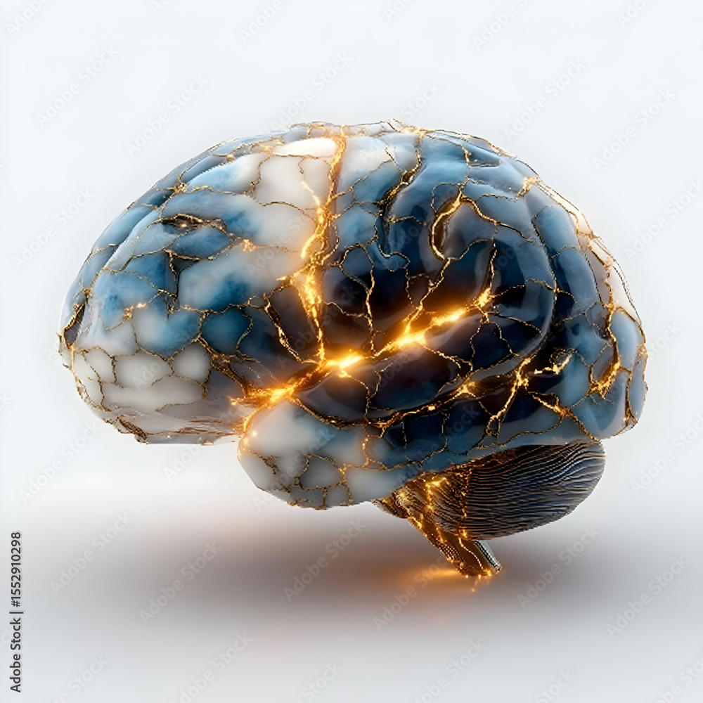 Poster a conceptual representation of a brain illuminated with golden cracks, symbolizing creativity and in