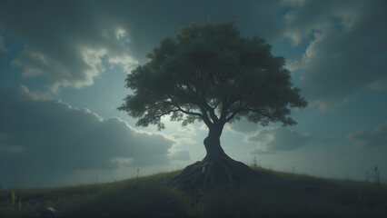 Majestic tree silhouetted against a dramatic sky with moody clouds creating a sense of peace and tranquility in the natural world with artistic flair
