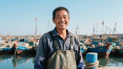 A smiling portrait of an Asian male fisherman.	