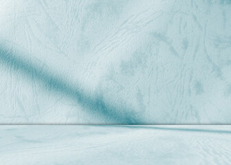 Blue background, wall summer backdrop, studio room loft table with natural shadow on wall floor,...