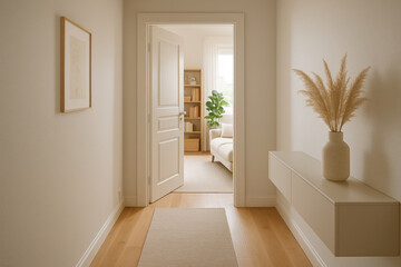 Modern, bright hallway with open door leading to living room