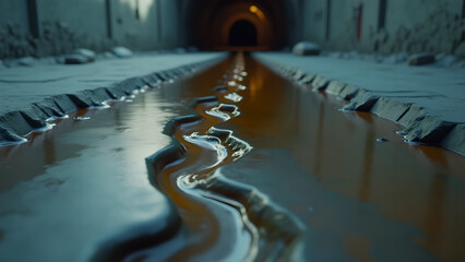 Fototapeta premium Intriguing water flowing through a stone channel reflecting light from an open tunnel perspective creating a strong sense of depth and symmetrical visual impact evoking mystery