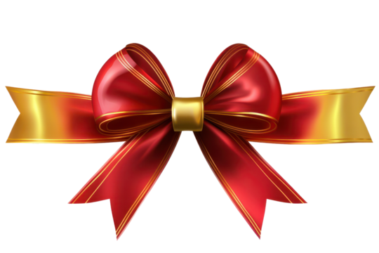 Red bow with golden accents on a transparent background perfect for gift wrapping or holiday decoration throughout the year without any specific contextual setting