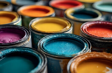 Fototapeta premium A vibrant collection of paint cans in various colors, perfect for artistic projects and creative inspiration.