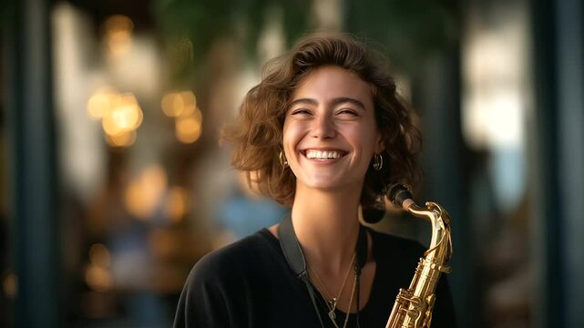 A young woman saxophonist busking on a lively street