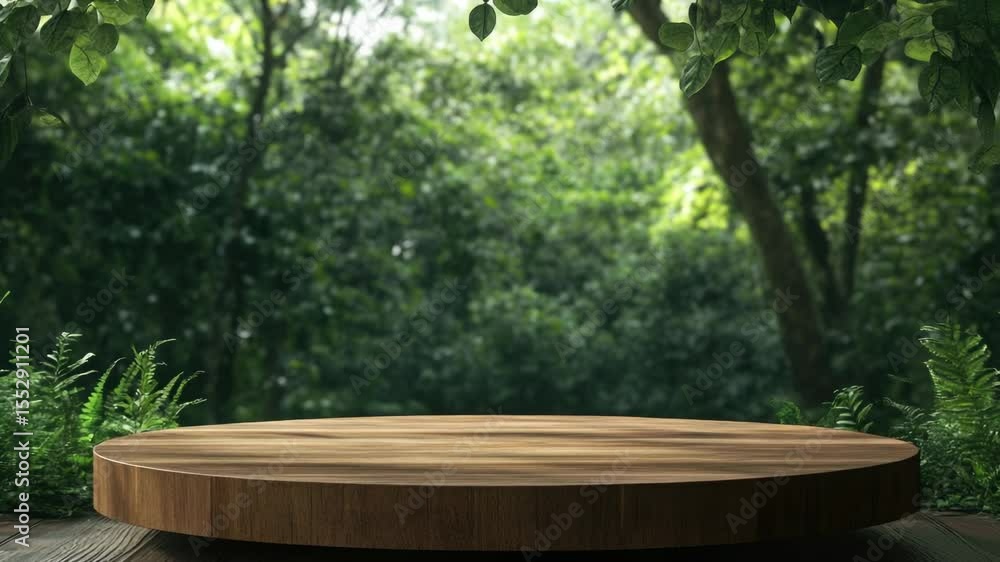 Poster wooden table in the middle of a forest, surrounded by trees and foliage