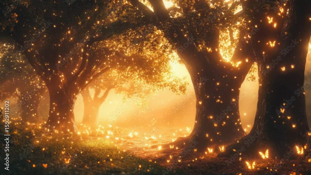 Poster a forest illuminated by string lights and lanterns, perfect for holiday or event decoration