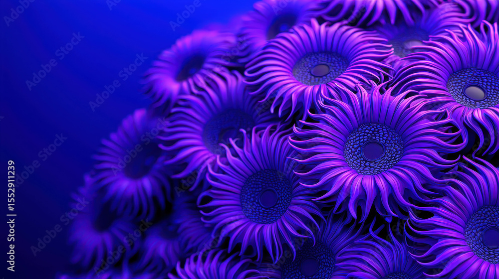 Poster abstract purple flower patterns densely arranged against a gradient blue background with a mesmerizi
