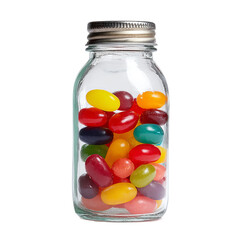 A glass jar filled with colorful jelly beans.  The jar has a silver lid.