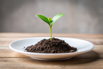 A minimalist and symbolic image featuring a small green sapling planted in a mound of rich soil, centered on a white ceramic plate with a wooden rim. Set against a clean, light background