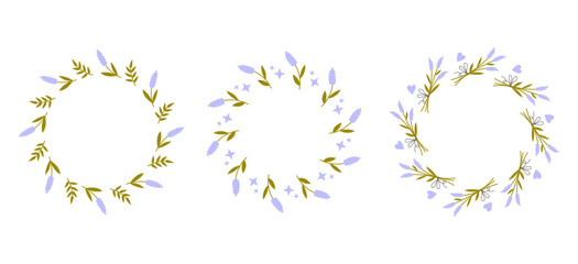Lavender Circular Frames Set. Rustic Floral Round Borders with Pastel colored Purple Flowers leaves dots stars for greeting card and invitation design. Vector illustration