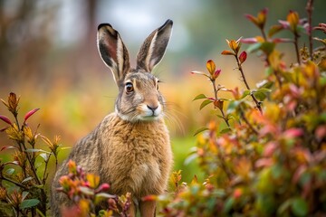 Obraz premium Agile hare in field: close-up of a wild hare sitting among autumn grass and bushes, looking attentively aside, with a natural blurred background