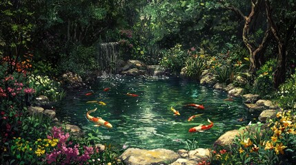 Lush garden pond with colorful fish and waterfall.