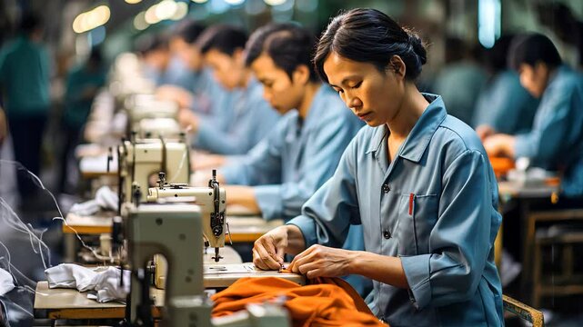 Asian Women Focused on Sewing Tasks Along Industrial Textile Line Inside Busy Factory Environment