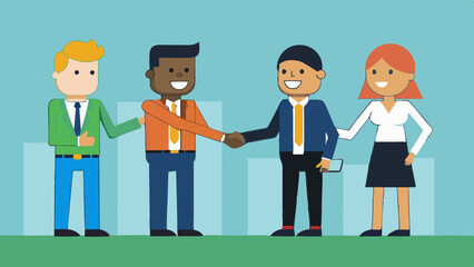 Cartoon illustration of four business people shaking hands and standing together in a group setting